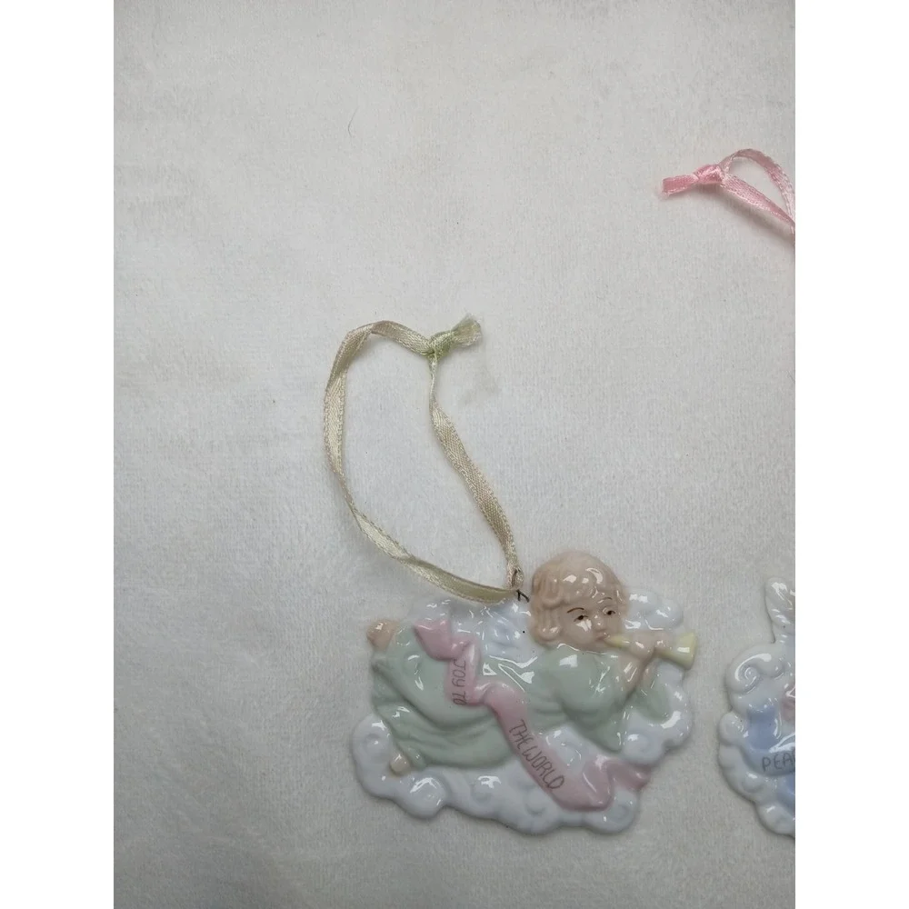 1996 Vintage H.O.L. 3 Ceramic Angel Ornaments Joy To The World Peace On Earth‎